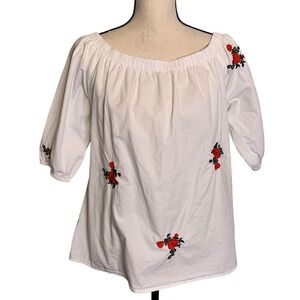 World Together Shirt Womens XL White Embroidered Roses Peasant 1/2 Sleeve
